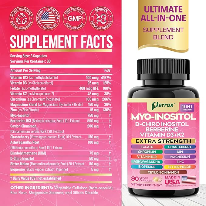 Myo-Inositol Supplement with D-Chiro Inositol, DIM, Berberine, Vitamin D3 + K2, Methylated B12, Chromium, Ceylon Cinnamon, Zinc, Ashwagandha, Chasteberry, Magnesium, Bioperine, Bitter Melon (2 Pack)