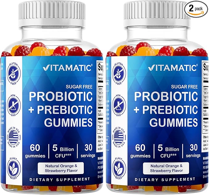 Vitamatic Sugar Free Probiotic Gummies for Men and Women – 5 Billion CFUs - 60Gummies per Bottle | 2 Pack (120 Gummies) Digestive, Immune & Gut Health Support – Gluten Free