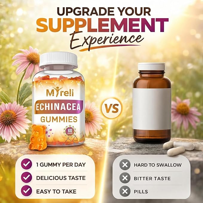 Echinacea 1000mg Gummies Supplement – Herbal Immune Formula, Botanical Antioxidant Blend, Vegan Plant Based, Non-GMO, Gluten Free, Chewable for Adults, Daily Wellness Option, 60 Count Bottle
