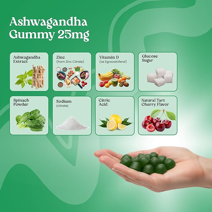 VITA GLOBE Ashwagandha Gummies 25mg with Vitamin D2 100mcg and Zinc 2mg, Ashwagandha for Men and Women, Supplement for Everyday Wellness, Mood Balance and Immune Nutrition, 30 Count, 1 Pack