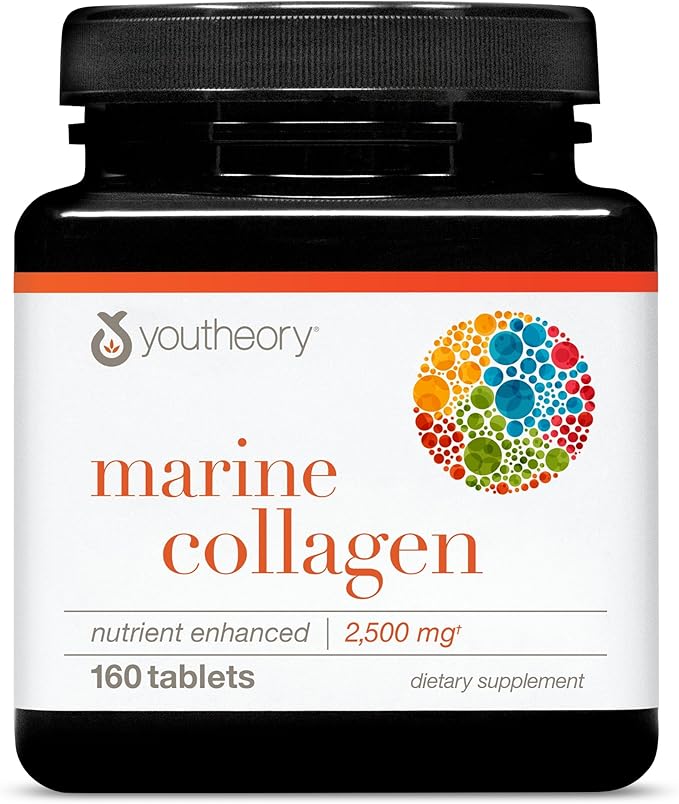 Youtheory Marine Collagen Tablets - 2,500 mg Fish-Sourced Collagen Peptides- with Vitamins A, C, E, B6 & B12 - Supports Joint & Nail Health* - Highly Absorbable - 160 Tablets (32-Day Supply)