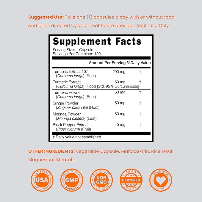 Turmeric Curcumin Supplement with Black Pepper, Ginger, Moringa (Made with 95% Curcuminoids) Third Party Tested, Non-GMO, Gluten Free - USA Made - (120 Capsules)