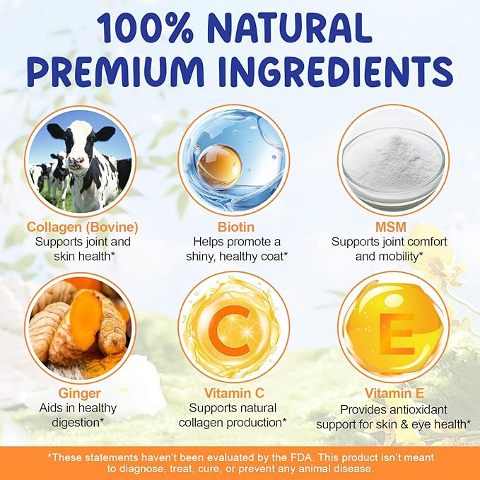 Premium Grass-Fed Liquid Collagen for Dogs - Skin and Coat Support Supplement with Biotin, Vitamin C and Hyaluronic Acid