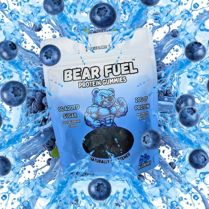 Bear Fuel Protein Gummies – 20g Protein Candy Snack – High Protein, Zero Sugar, Naturally Sweetened Gummy Bears – Fruit Variety (1, Blueberry)