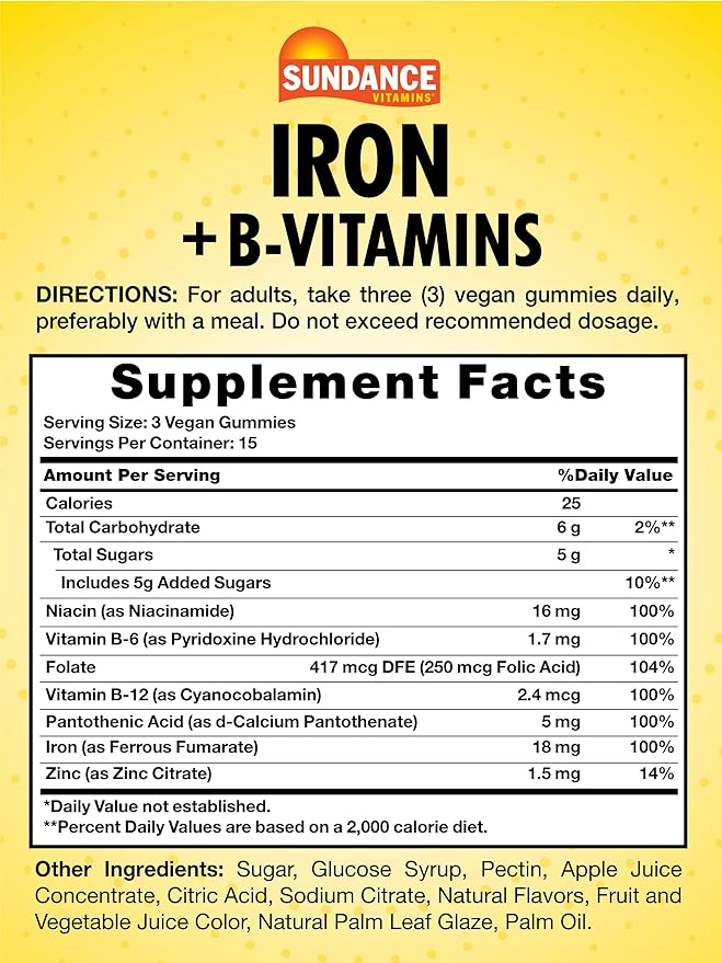 Sundance Iron Gummies | Plus B-Vitamins | 45 Vegan Gummies | Grape Flavor | Vegan, Non-GMO, and Gluten Free Supplement