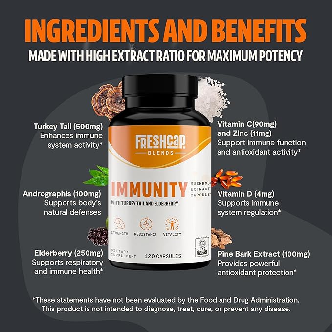 FreshCap 7-in-1 Immune Support Supplement - 5000mg Turkey Tail Mushroom Capsules - Immune Boosters for Adults, Immunity Boost Supplement, Elderberry Vitamin C and Zinc, Ayurveda (120 Capsules)