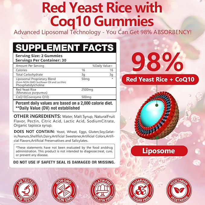 30 Day Supply Liposomal Red Yeast Rice with Coq 10 3000mg Gummies,Organic Red Yeast Rice Cholesterol Lowering Supplements, Enhanced with Coq 10 for Heart Support,Liposomal Enhance 98% Absorption