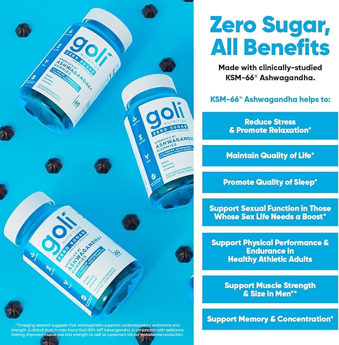 Goli Zero Sugar Ashwagandha Gummies, 60 Count Each (3 Pack, 180 Total) – with KSM-66, L-Theanine, Maca and Vitamin D - No Sugar Alcohols - Vegan, Keto-Friendly, Non-GMO
