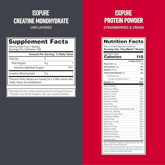 Isopure Bundle of Zero Carb 100% Pure Whey Isolate Protein Powder, Strawberries & Cream, 25g Protein Per Serving, 1 Lb, 15 Servings + Isopure 100% Pure Creatine Monohydrate Powder, 100 Servings