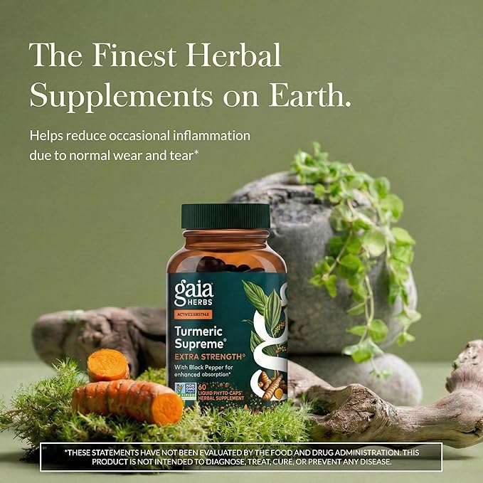 Gaia Herbs Turmeric Supreme Extra Strength - Supports Occasional Discomfort from Normal Wear & Tear* - with Turmeric Curcumin & Black Pepper - 60 Vegan Liquid Phyto-Caps (Up to 60 Servings)