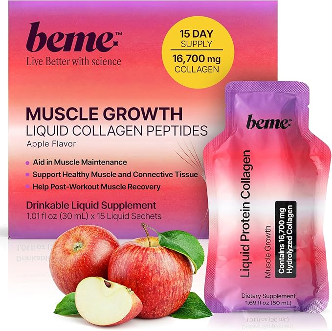 BeMe Liquid Collagen Peptides - Easy Protein Shots for Lean Muscle Support and Workout Recovery. 15g Whey Free Formula with 16.7g Hydrolyzed Collagen for Gym Performance. 15 Sachets, Apple Flavor