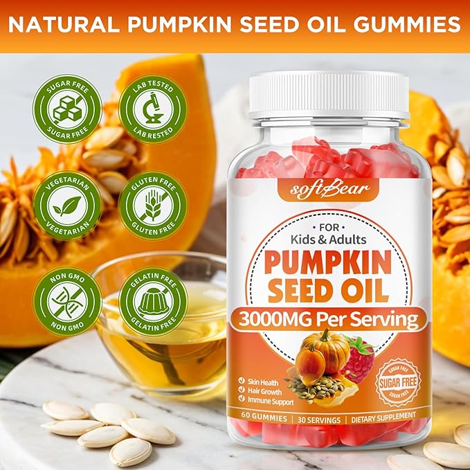 softbear Pumpkin Seed Oil Gummies, Organic Pumpkin Seed Oil Supplement with Saw Palmetto for Hair Growth & Skin Health, Cold Pressed/Suagr-Free, Raspberry Flavor 60 Count