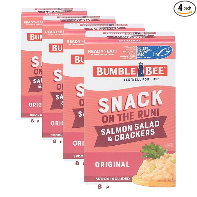 Bumble Bee Snack On The Run Salmon Salad with Crackers Kit - Ready to Eat Protein Snack Pack - 8g Protein per Box - Wild Caught MSC Certified Seafood (Pack of 4)