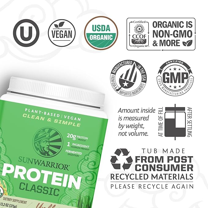 Sunwarrior Brown Rice Protein Powder with Bcaa & Amino Acids Raw Rice Protein Shake Gluten Free Low Carb Dairy Free | Plant Based Classic Sprouted Brown Rice Protein Powder Natural 375g
