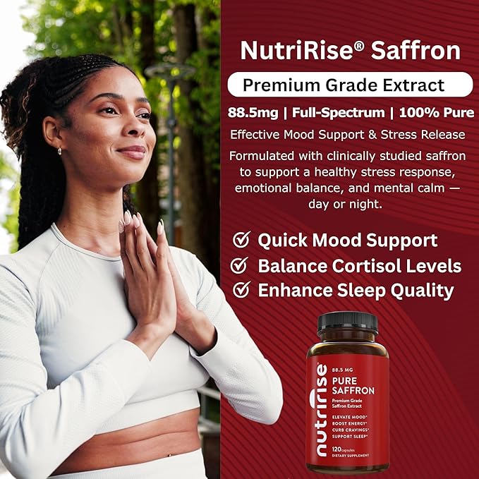 NutriRise Saffron Supplements 120 Capsules, 88.5mg Pure Extract - 4 Month Supply for Mood, Energy, Sleep, Stress & Cortisol Support - Non-GMO, Vegan & Gluten-Free for Women & Men
