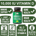 Peak Performance Advanced Vitamin D 10000 IU with All 3 Types of Vitamin K - 10,000 Vitamin D3 and Vitamin K2, K1, MK-7 (MK7), MK4 Capsules Supplement - 60 Small and Easy to Swallow Pills