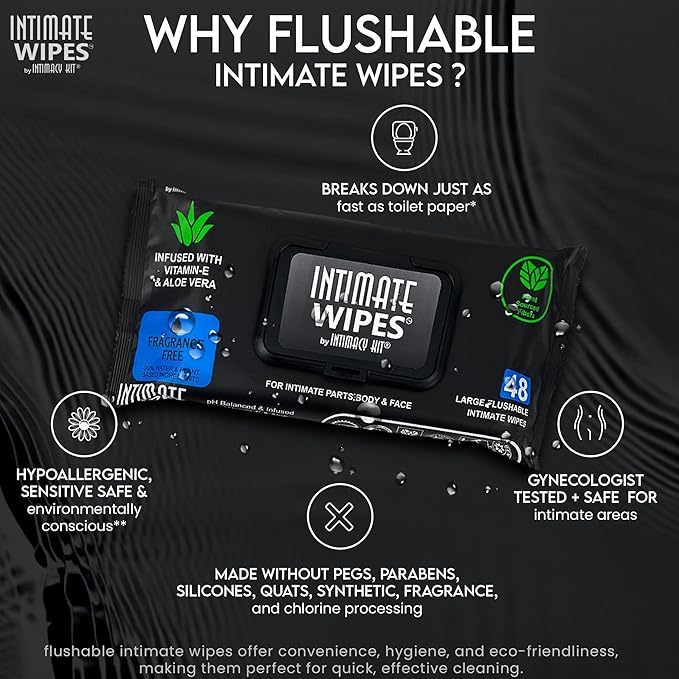 INTIMATE WIPES™ by INTIMACY KIT®, 48 Large Hygiene Wipes, pH Balanced, Hypoallergenic, Fragrance Free, infused with Vitamin-E, Chamomile & Aloe Vera, for Intimate Parts, Body & Face
