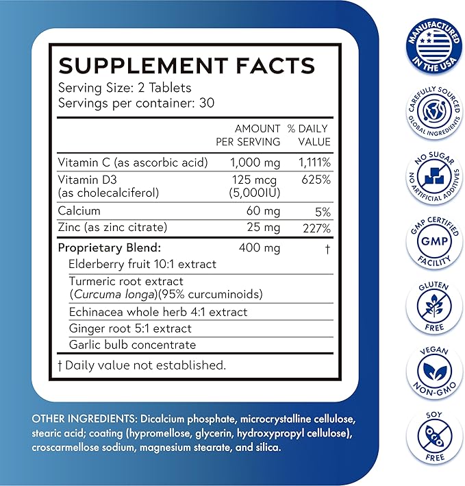 ILIVA-by-INDICAID 9-in-1 Immune Support Supplement: Daily Serving for Respiratory Immunity, Vitamin C, D3, Calcium, Zinc, Proprietary Herbal Elderberry+echinacea+Turmeric. 60 Tablets for 30 Days