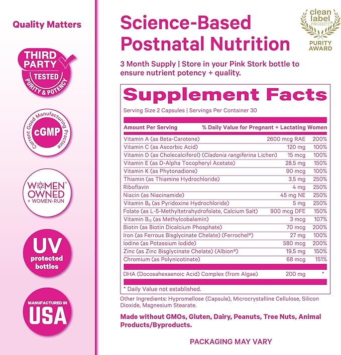 Pink Stork Total Postnatal Vitamins for Women with Vegan DHA, Iron, Folate, and Vitamin B12, Postpartum Recovery Essentials, Daily Supplement for Breastfeeding Moms - 3 Month Supply