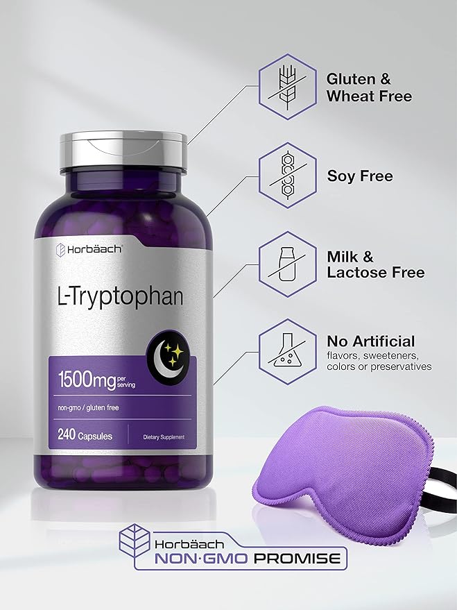 Horbäach L Tryptophan 1500mg Capsules | 240 Count | Nighttime Formula | Non-GMO, Gluten Free Supplement