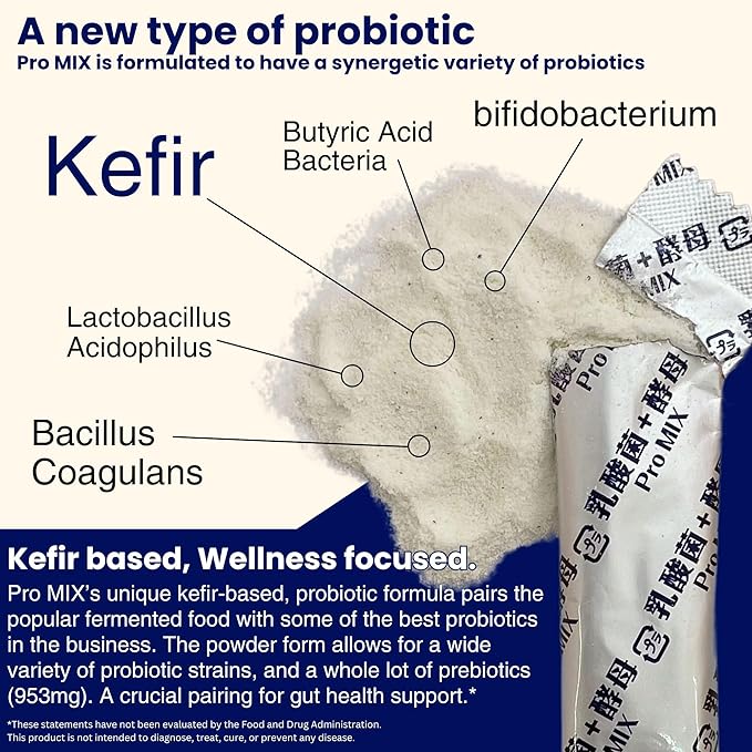 Pro Mix Kefir Probiotic Supplement with 12 Strains + Prebiotics for Gut & Immune Health | Travel-Friendly Powder Packs (30ct).