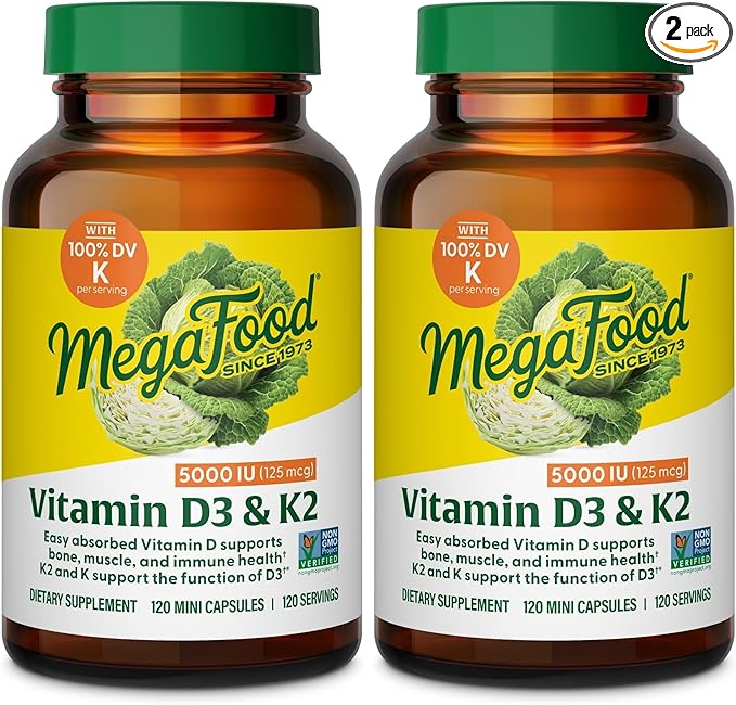 MegaFood Vitamin D3 5000 IU (125 mcg) - Vegetarian Supplements with Vitamin D3 K2 - Supports Bones, Teeth, Muscles & Immune Health - Certified Non-GMO - 120 Mini Capsules, 120 Servings (Pack of 2)