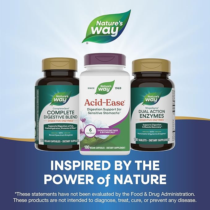Nature's Way Acid Ease, Digestive Support Supplement for Sensitive Stomachs*, Marshmallow Root Extract, Slippery Elm Bark, Digestive Enzymes, 180 Vegan Capsules (Packaging May Vary)