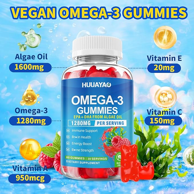 Vegan Omega-3 Gummies 1028mg, Omega 3 Fish Oil Alternative for Adults w/EPA 400mg & DHA 600mg & Vitamin A, C, E Supports Brain, Eye & Immune Health, Sugar Free, Raspberry Flavor, 60 Count