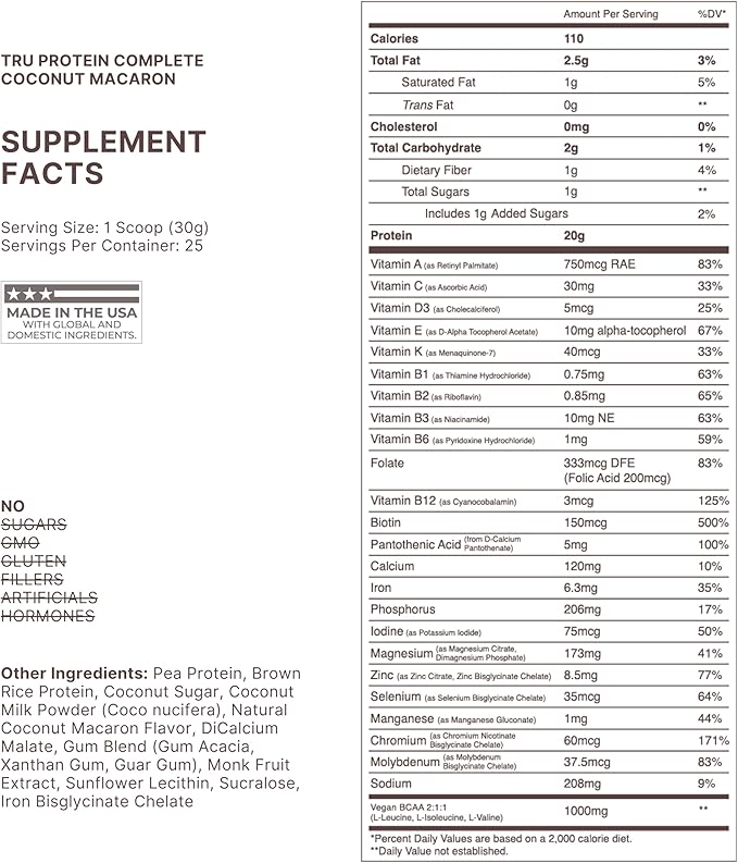 TRU Supplements Plant Based Protein Powder, BCAA, EAA, 20g Vegan Brown Rice & Pea Protein, 100 Calories, 27 Vitamins, No Artificial Flavors 25 Servings (Coconut Macaron)