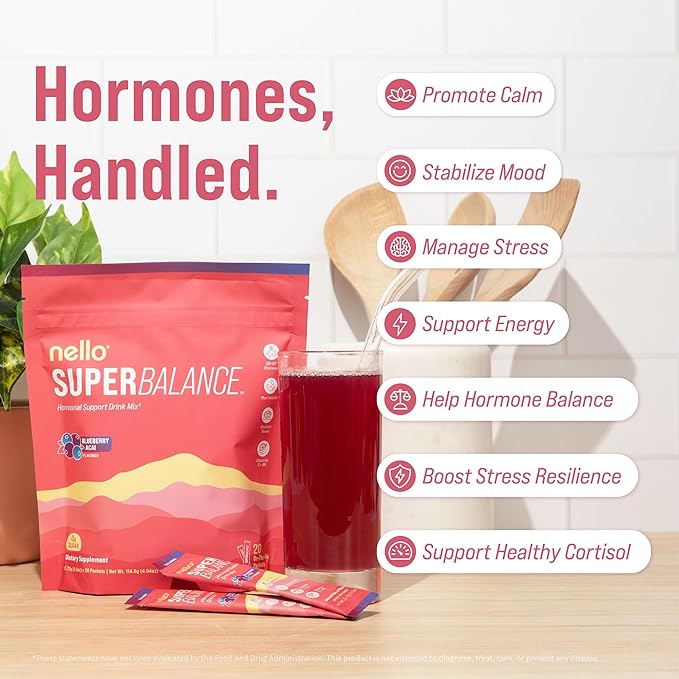 Nello Superbalance Hormonal Support Drink Mix, SRI-81 Shatavari, Myo-Inositol, Rhodiola Rosea, Vitamin C, Magnesium, Theobromine, Blueberry Acai (Pack of 20)