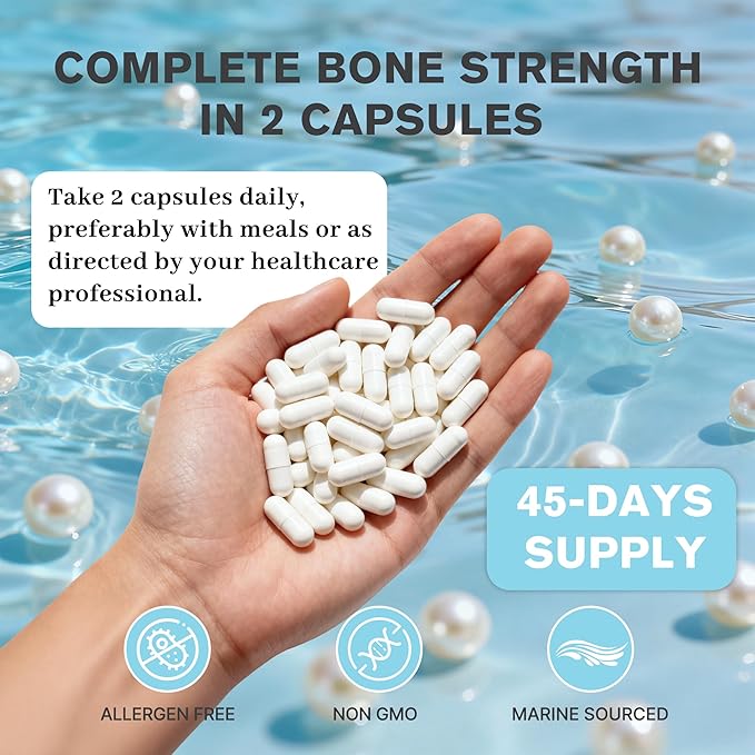 Marine Calcium Bone Density & Strength Supplement, Maximum Absorption Pearl & Icelandic Marine Algae Calcium - with Magnesium, Vitamin D3+K2, Organic 70+ Ocean Minerals for Bone Health,45 Days Supply