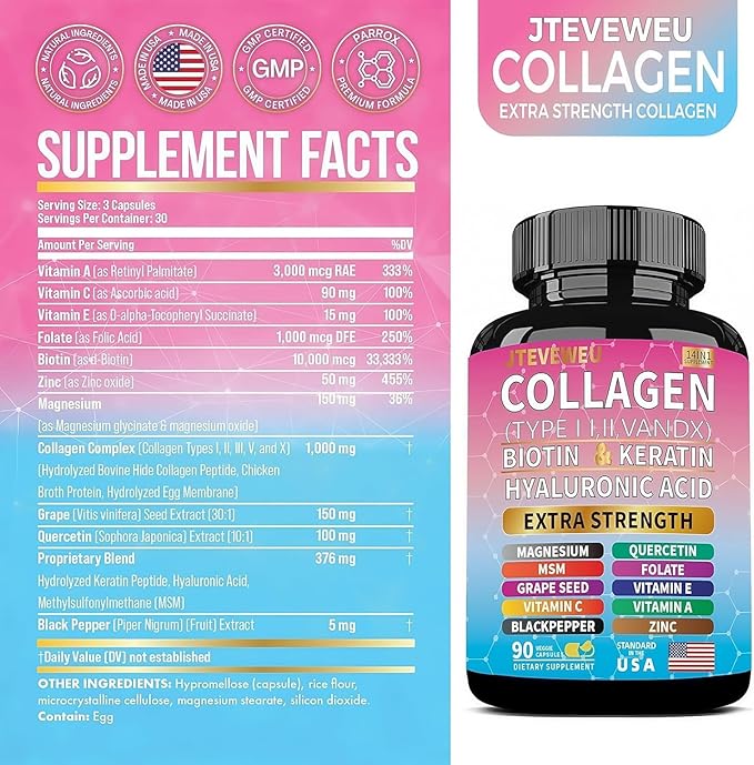 Collagen Supplement - Type I, II, III, V and X - with Biotin, Keratin, Hyaluronic Acid & 13+ Extra Strength Ingredients - （180 Capsules）