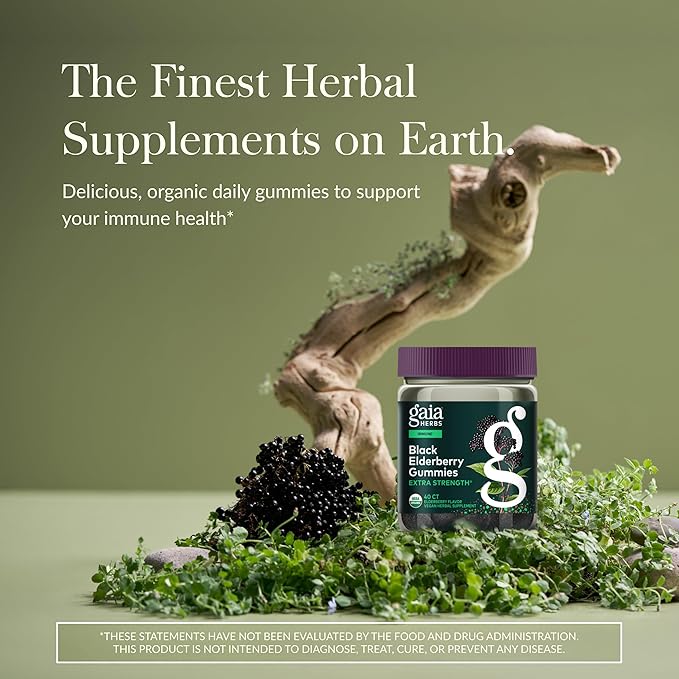 Gaia Herbs Black Elderberry (Sambucus nigra) Extra Strength Gummies - Delicious Immune Support Supplement* - Certified Organic Black Elderberries for Immune System Support* - 40 Gummies (20 Servings)