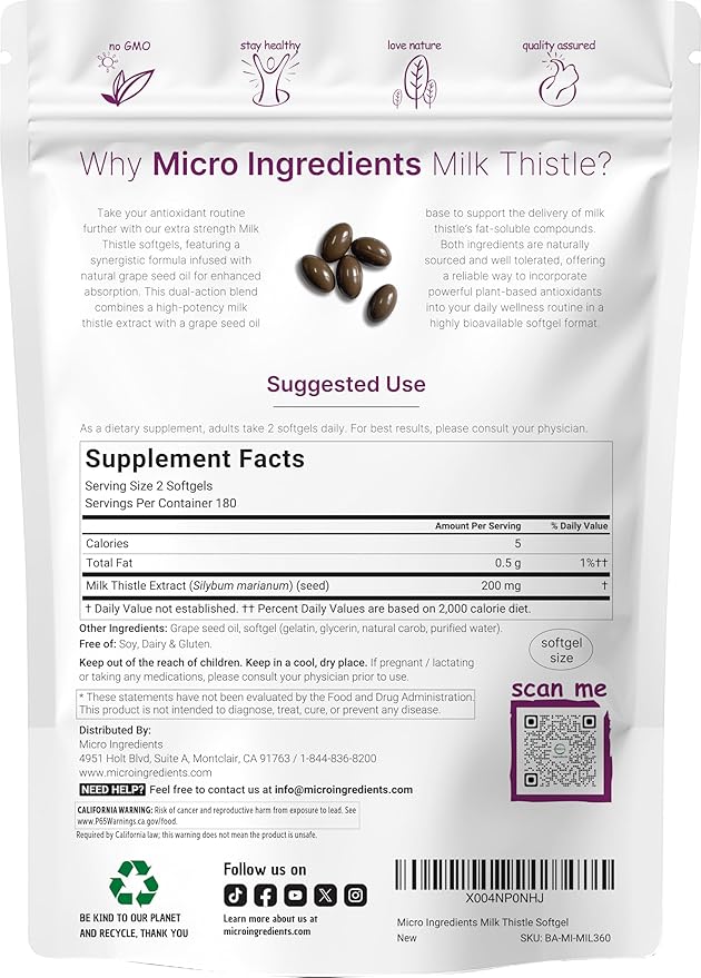 Micro Ingredients Milk Thistle Supplement | 360 Softgels with Grape Seed Oil | Highly Bioavailable Extract | Contains Active Silymarin + Antioxidants