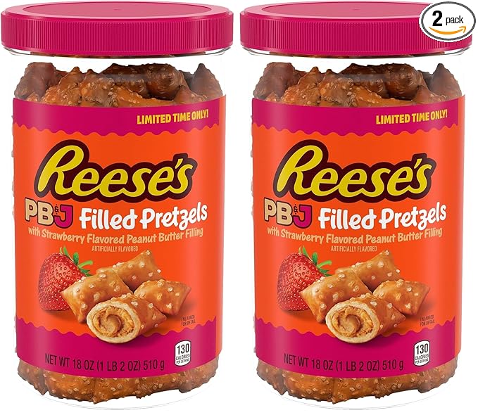 Reese's Filled Pretzels, Peanut Butter and Strawberry Flavored Pretzel Nuggets, Crunchy, Ready to Eat, Sweet and Salty Snack, 18 oz Cannister (Pack of 2)