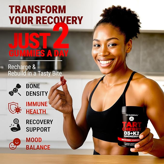 KEY ELEMENTS Recovery Tart Cherry Gummies with Vitamin D3 K2 5000 IU & Magnesium - Vitamin D3 K2 Gummies for Sleep, Bone & Immune Support - Non-GMO, Gluten-Free, Sugar-Free