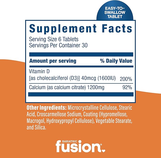 Bariatric Fusion Non Chewable Calcium Citrate with Vitamin D3 Tablet | Easy to Swallow 600 mg Calcium Supplement with Vitamin D to Increase Absorption* | 180 Tablets