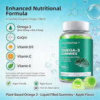 Vegan Omega 3 Gummies 1000mg with Coq 10, Vitamin D3,E,C,Omega 3 Fish Oil Alternative for Adults, Plant Based DHA 550mg & EPA 275mg for Brain, Mobility, Eye, Sugar Free, 60 Count