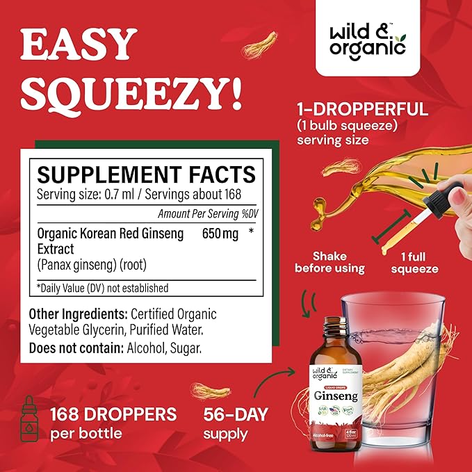 Wild & Organic Korean Panax Ginseng Extract Liquid Drops - Immune Support - Red Ginseng Root Supplement - Easy to Add to Tea - Vegan, Sugar & Alcohol-Free Tincture - 4 fl oz