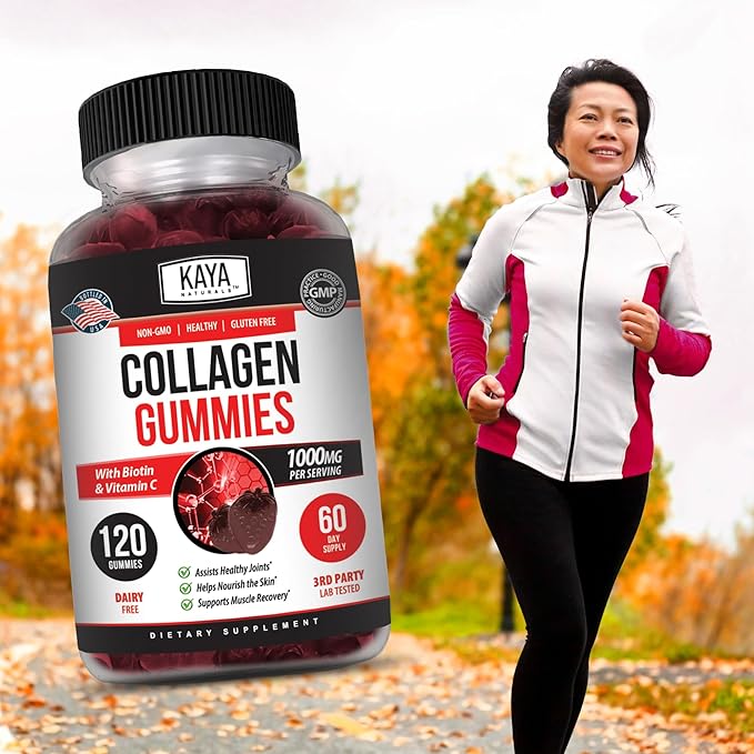 Kaya Naturals Collagen Gummy for Men & Women, 120 Count, 1000mg of Hydrolyzed Collagen, Vitamin C, Selenium & Biotin, Collagen/Strawberry Flavor (120 Gummies)