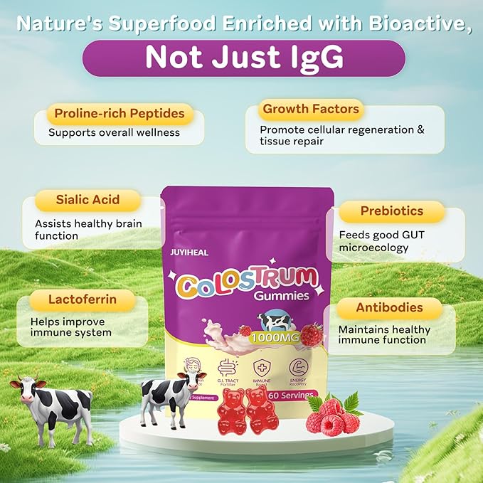Colostrum Gummies, 1000 mg Grass Fed Colostrum Chews Colostrum Supplement for Gut Health, Hair Growth, Beauty, and Immune Support, Raspberry Flavor 60 Servings