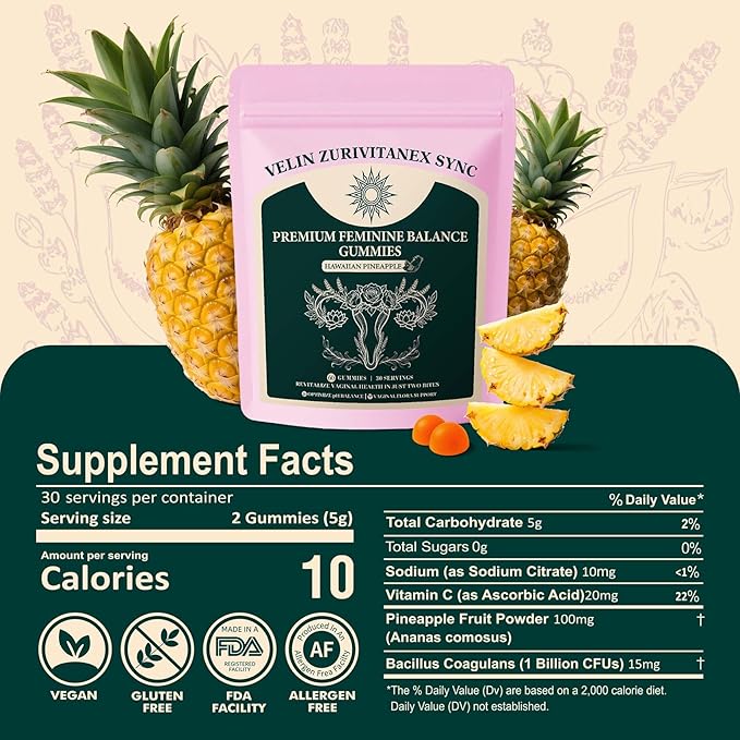 Women’s Daily Probiotic Gummies – Feminine Balance & pH Support – Vegan, Gluten-Free – Pineapple Flavor – 60 Gummies (30 Servings)
