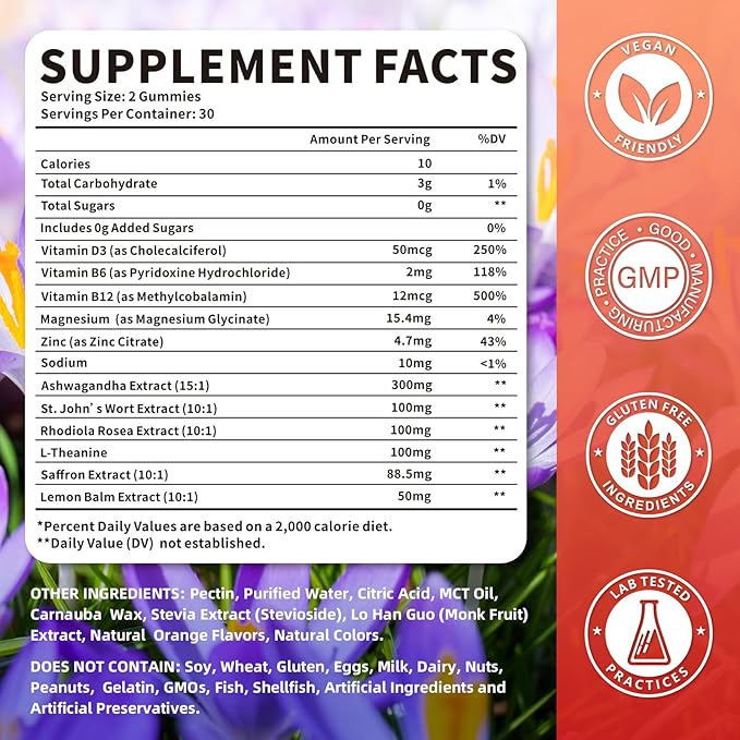 Saffron Gummies for Adult Kids, 10-IN-1 Saffron Supplements with Saffron Extract 88.5 mg, Vitamin D3, B6, B12, L-Theanine, St. John's Wort, Ashwagandha for Mood, Focus, Calm, Melatonin-Free, 120 Count