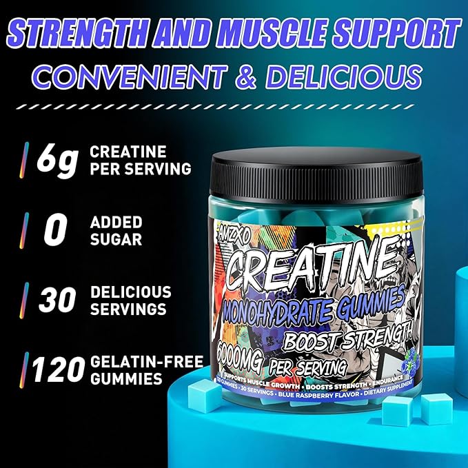 Creatine Monohydrate Gummies 6g for Men Women,Complex Creatine Monohydrate Chewable for Muscle Strength,Muscle Building,Energy Boost,Pre-Workout Energy Supplement,Vegan Blue Raspberry - 120 Count