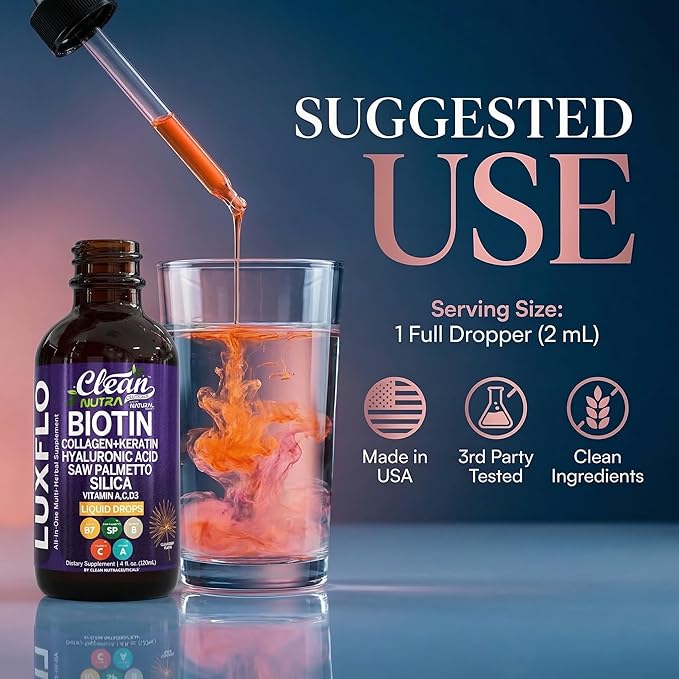 Liquid Biotin & Collagen Keratin Hyaluronic Acid Saw Palmetto Drops Vitamins for Hair Growth Support Silica Vitamin A C D Bamboo Turmeric Zinc Folate Magnesium Horsetail LuxFlo By Clean Nutra