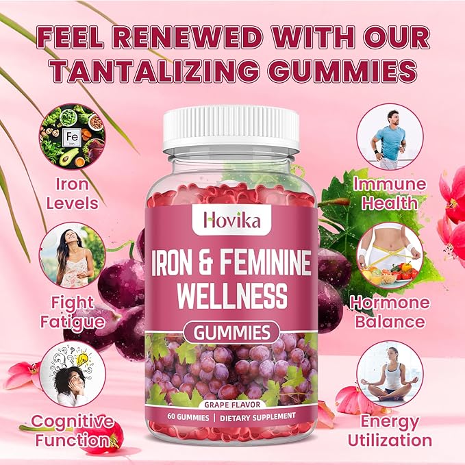 Iron & Hormone Balance for Women Gummies, 40mg Iron Supplement Anemia with multivitamin for Women, Zinc, Selenium, Iodine - for Iron Deficiency - Natural Hormonal Support for PMS, Vegan 60 Count
