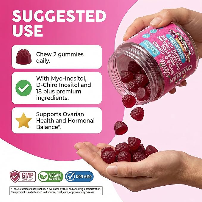 OVA Bloom Ovarian Support Gummies Myo Inositol D-Chiro Inositol Choline Flax Biotin Riboflavin Thiamin Niacin Ashwagandha DIM Maca Root Vitamin C D3 B12 Zinc 60 Count By Clean Nutra