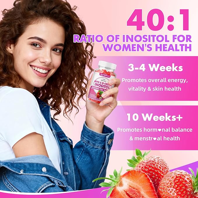 softbear Inositol Supplement for Women, Myo-Inositol & D-Chiro Inositol Gummies Ideal 40:1 Ratio for Female Health & Wellness, Sugar-Free/Veagn/GMO-Free, Strawberry Flavor, 120 Count