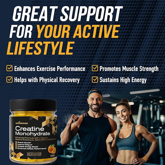 musebeam Creatine Monohydrate 5000mg Supplement Gummies - with L-Taurine Betaine Anhydrous Alpha-GPC BCAA 2:1:1 - Sugar-Free Gluten Free for Men Women