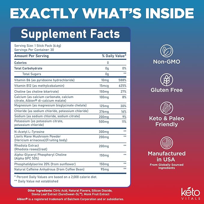 Keto Vitals Super Focus Drink Mix with Electrolytes & Caffeine Powder Packets - Nootropic Brain Support Supplement for Energy and Focus - Includes Lions Mane, L Tyrosine & Rhodiola - 30 Servings